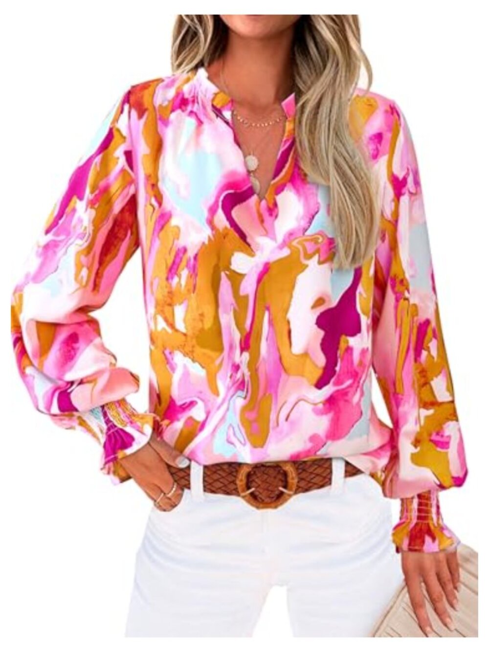 Womens V Neck Floral Long Sleeve Puff Sleeve Chiffon Blouse